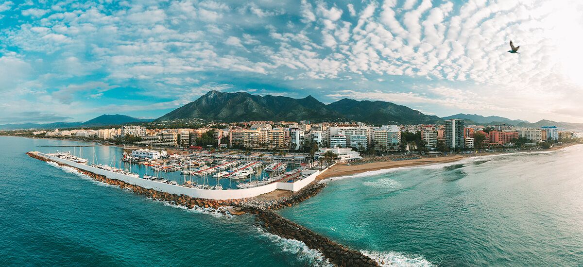 Aerial photo of Puerto Banus with La Concha mountain behind.